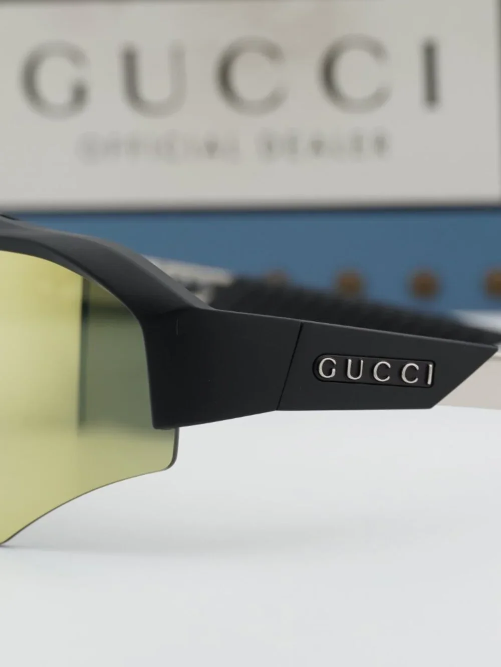 Gucci GG2017S 001 Sunglasses Black Shield Frame, Yellow Mirror Lenses